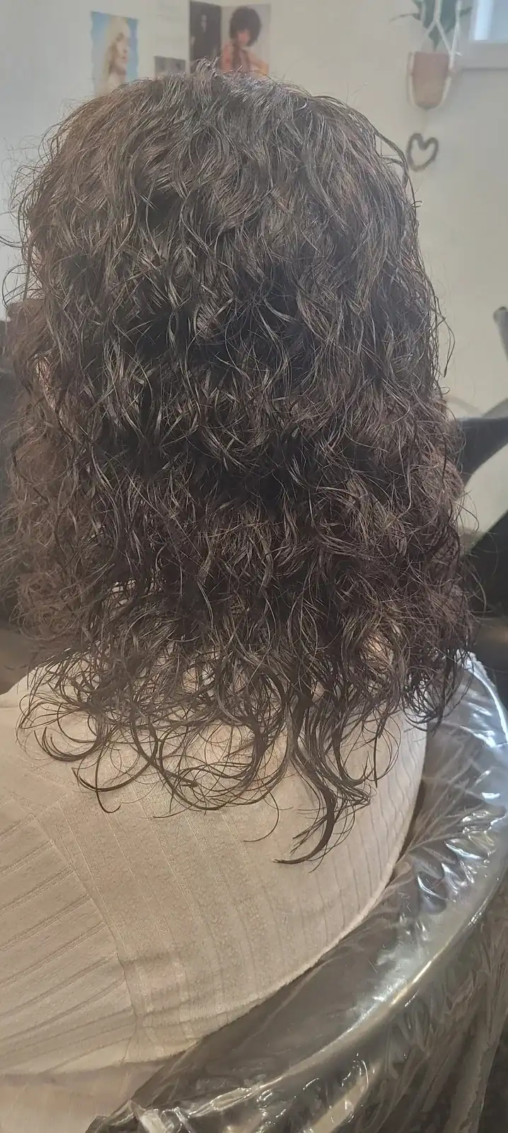 Boucles mi-longues brunes, vues de dos, au fauteuil du salon