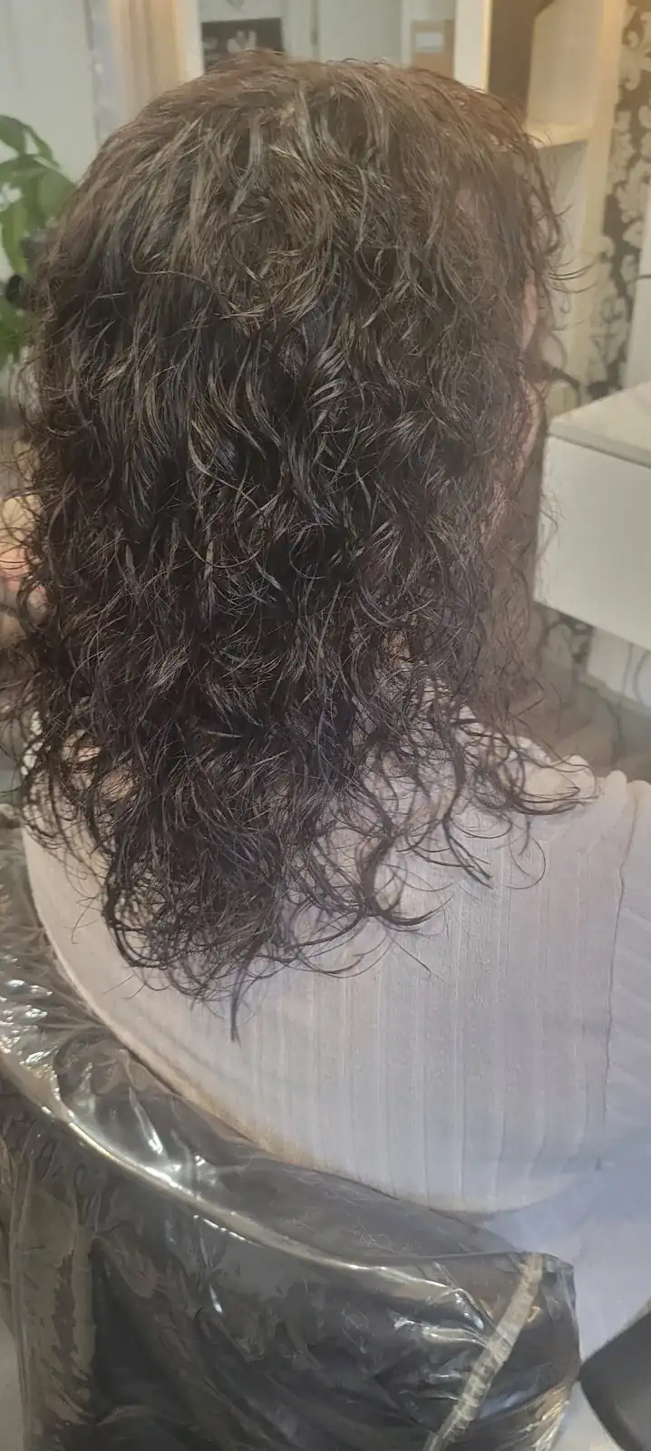 Boucles brunes tombant aux épaules, vues de dos, au salon